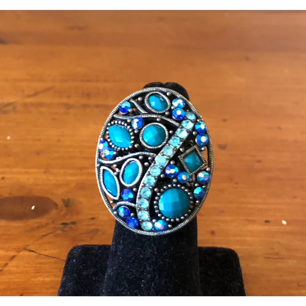 Vintage Boho Oval Statement Ring Turquoise And Blue Rhinestones Stretch Ring
